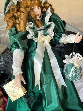 Porcelain Collector Doll in Emerald Green Satin Dress